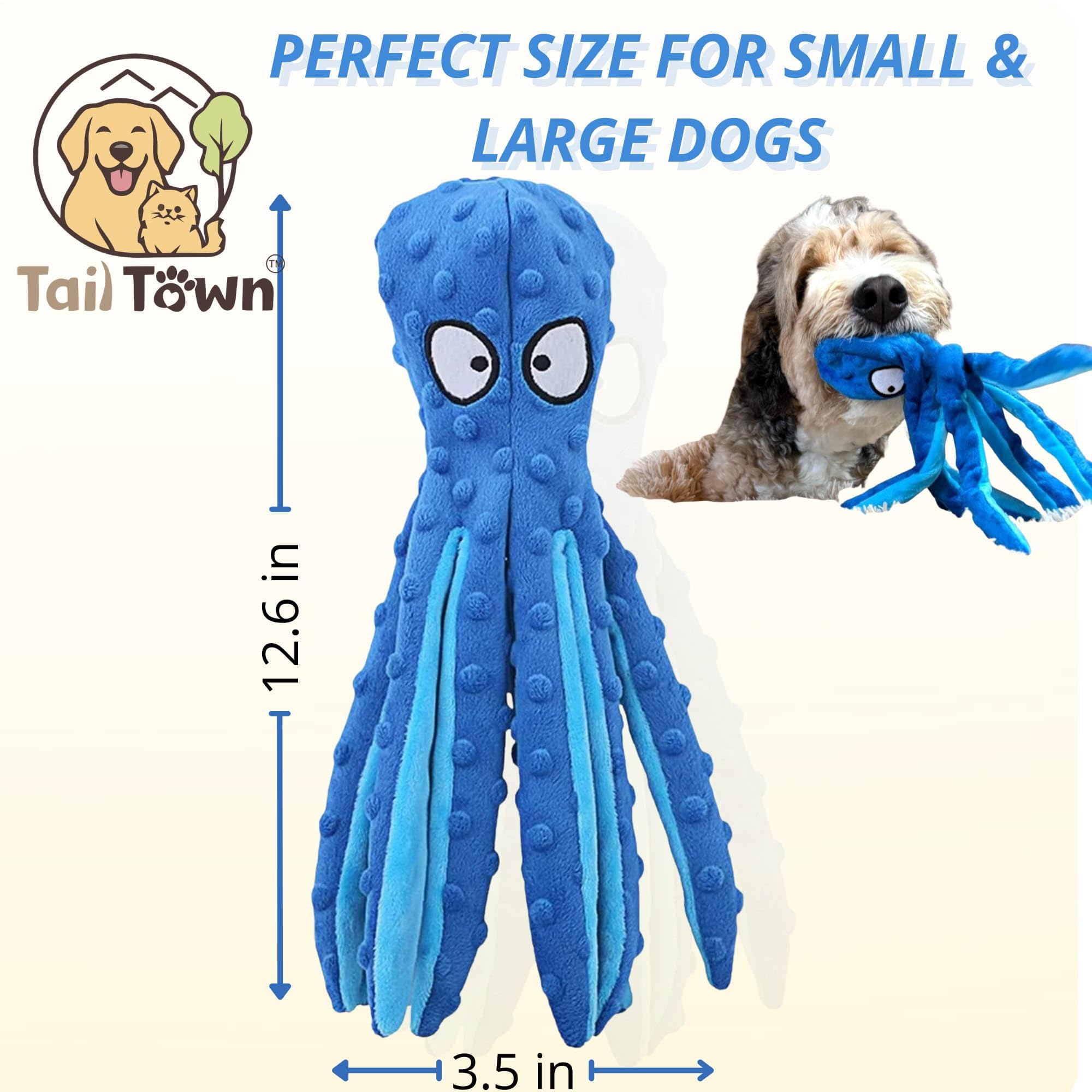 Tail Town Octopus dog toy blue squeaker close-up for engaging sounds