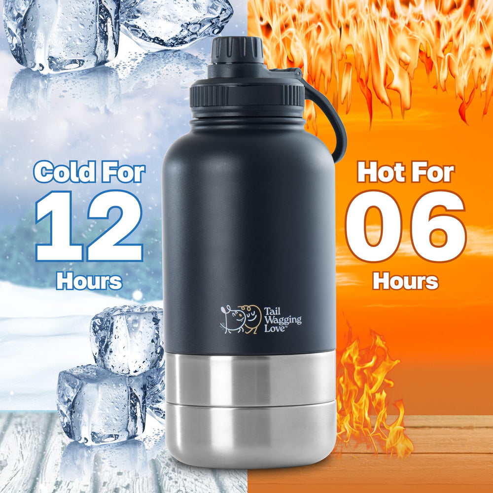 Tail Wagging Love 32oz bottle with detachable bowls enables convenient on-the-go hydration and snacking.