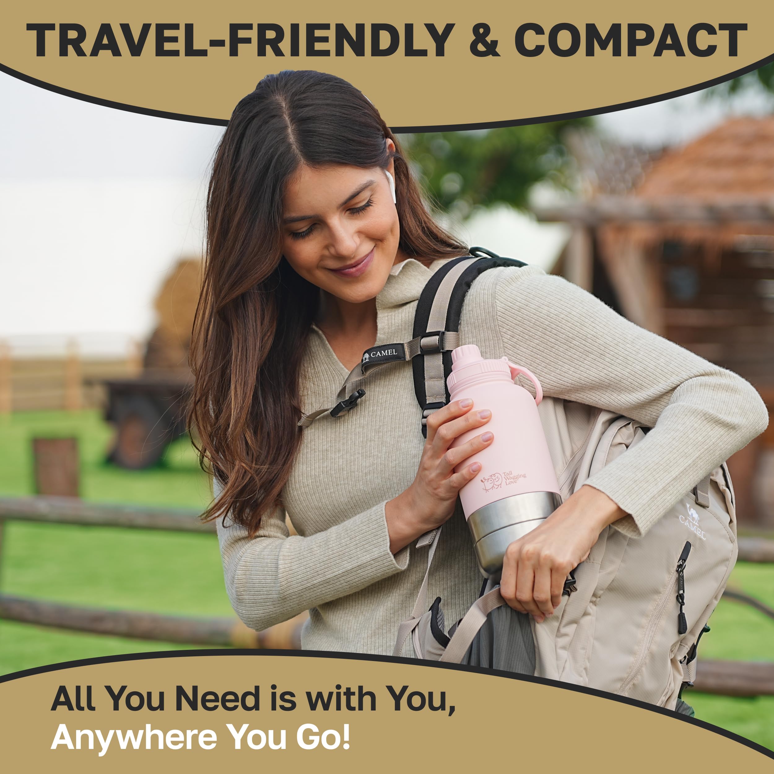 Tail Wagging Love dual-use bottle keeps both owner and dog hydrated during adventures.