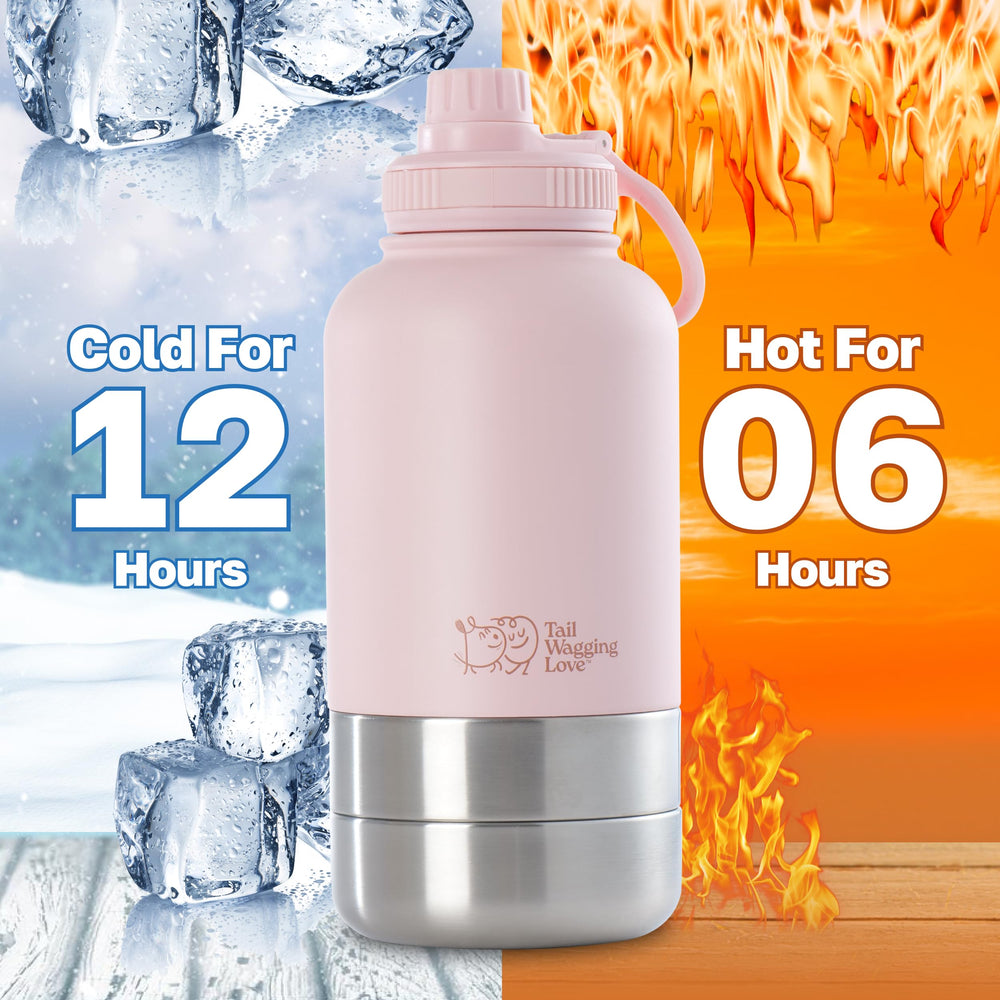 Tail Wagging Love dual-use bottle with bowls enables shared meals on adventures.