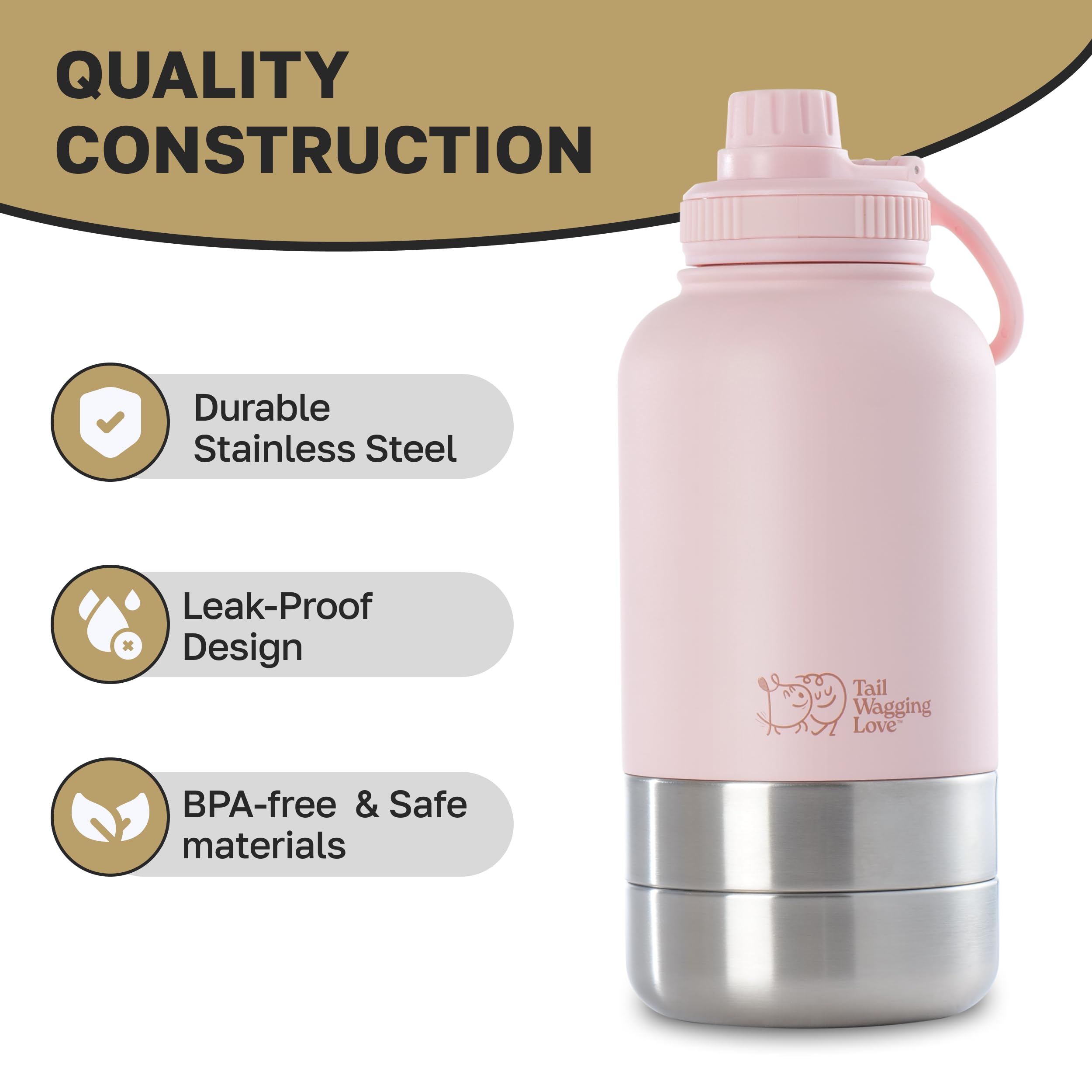Tail Wagging Love stainless steel bottle close-up highlights durable, leak-proof design.