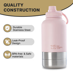 Tail Wagging Love stainless steel bottle close-up highlights durable, leak-proof design.