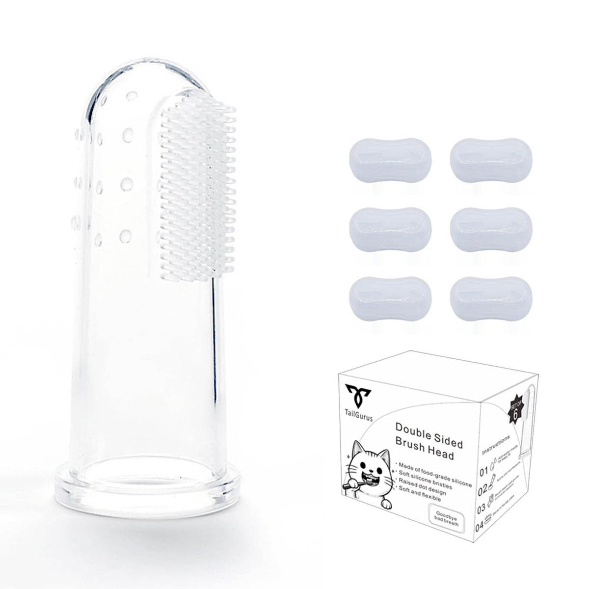 TailGurus pet finger toothbrush pack6-use shows easy at-home dental care for dogs and cats.