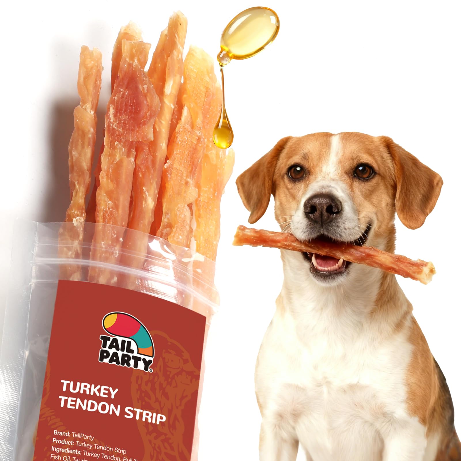 TailParty Turkey Tendons dental chew close-up, a durable bite that supports oral health during chewing