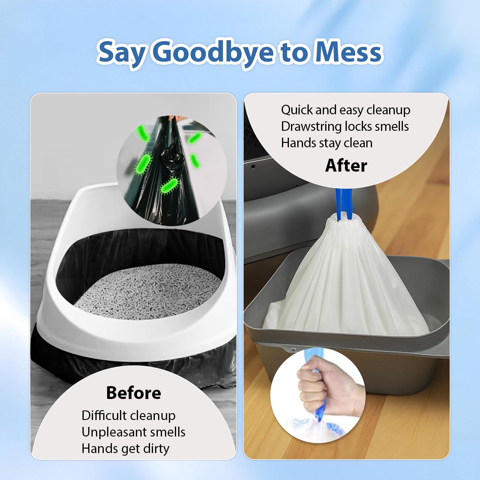 TAILRYTH leak-proof heavy-duty liners help keep litter area tidy.