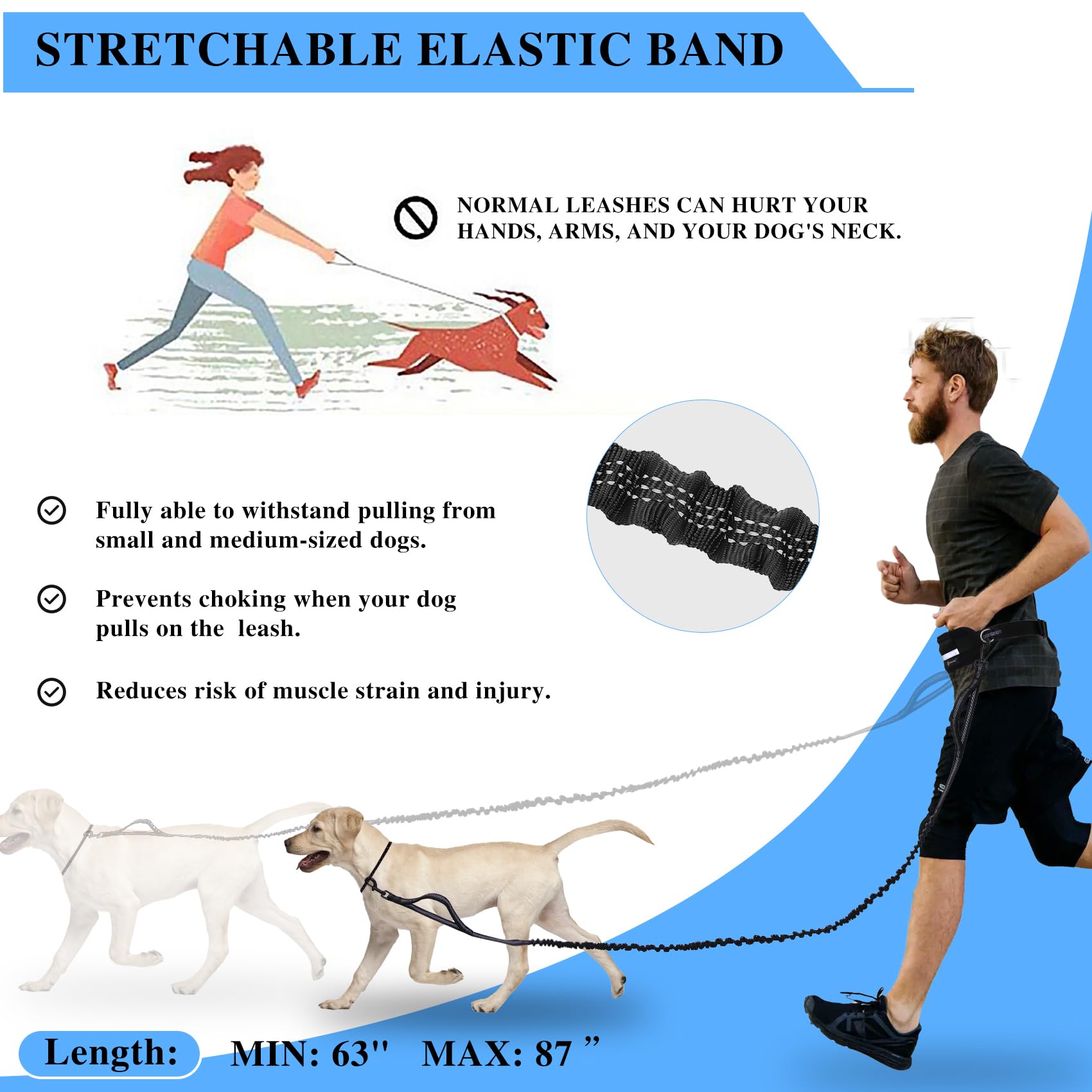 Tails & Tales hands-free waist leash adjustable belt demonstrates versatile fit for different bodies.