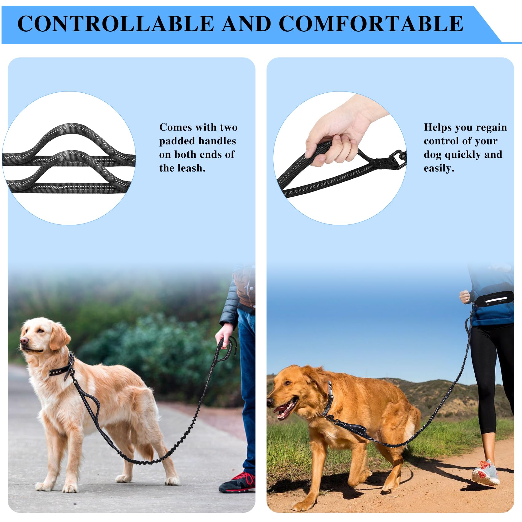 Tails & Tales hands-free waist leash in action with dogs up to 100 lbs showing control.