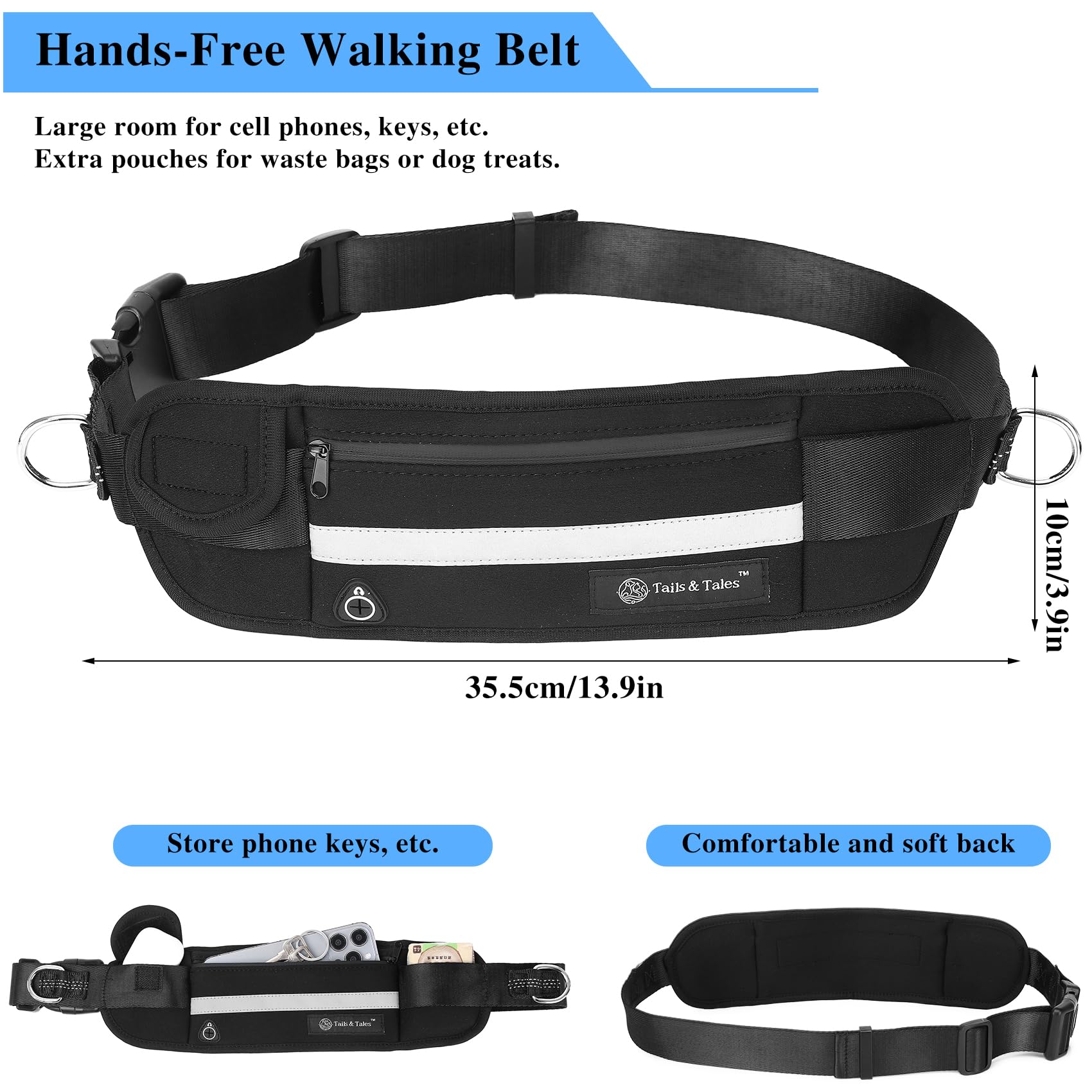 Tails & Tales hands-free waist leash dual padded handles offer comfortable grip during runs.