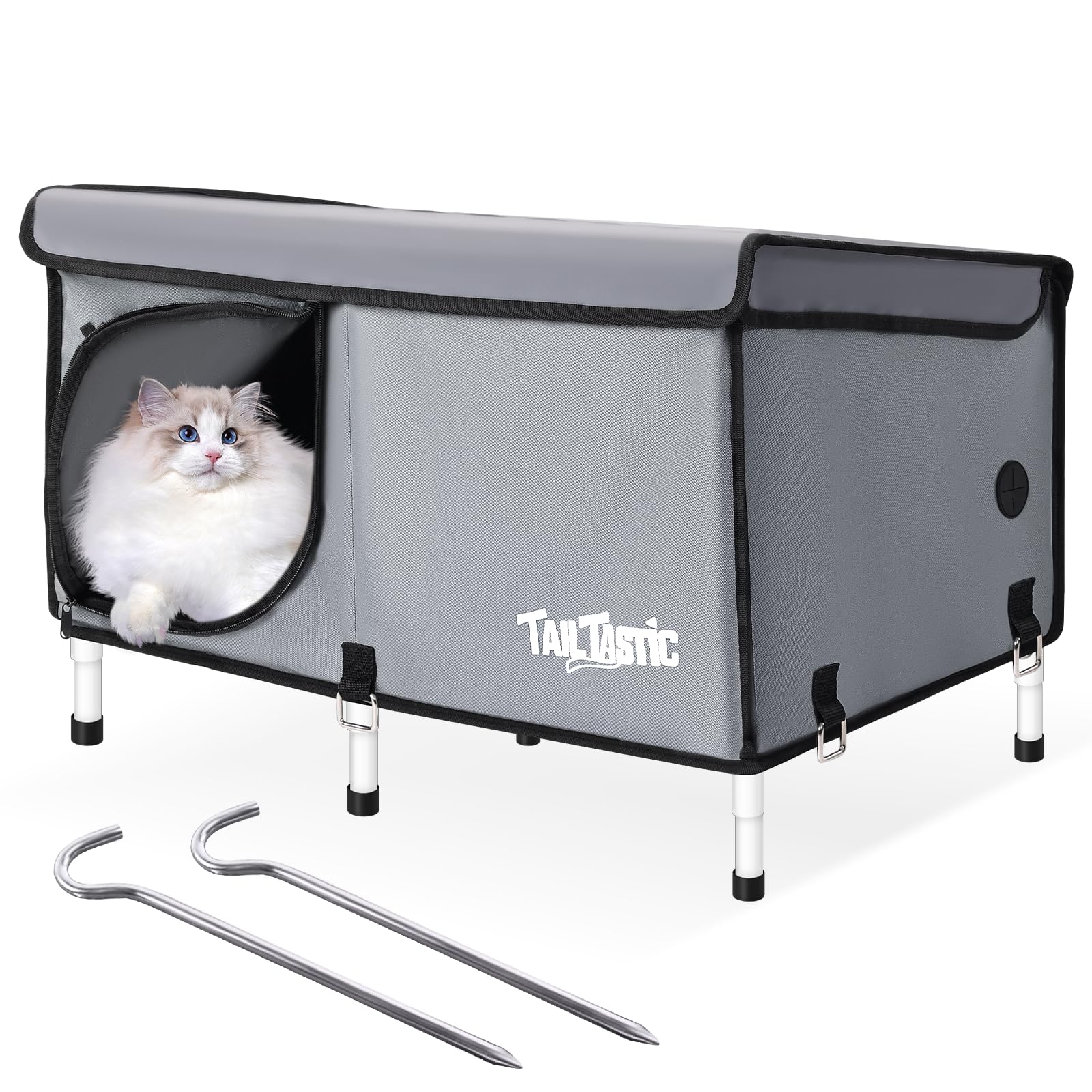 TailTastic Outdoor Cat House elevated design provides a durable waterproof shelter for outdoor cats.