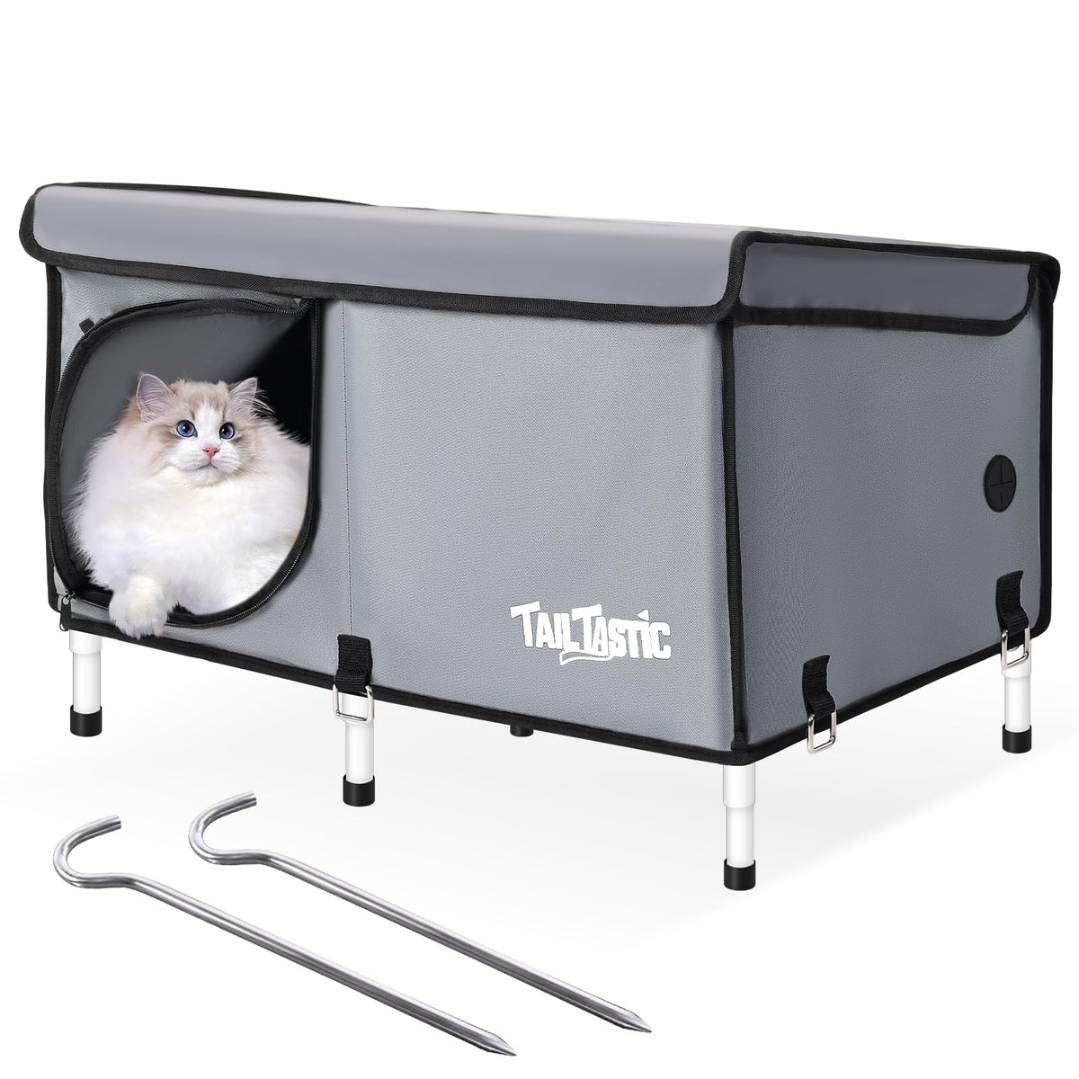 TailTastic Outdoor Cat House elevated design provides a durable waterproof shelter for outdoor cats.