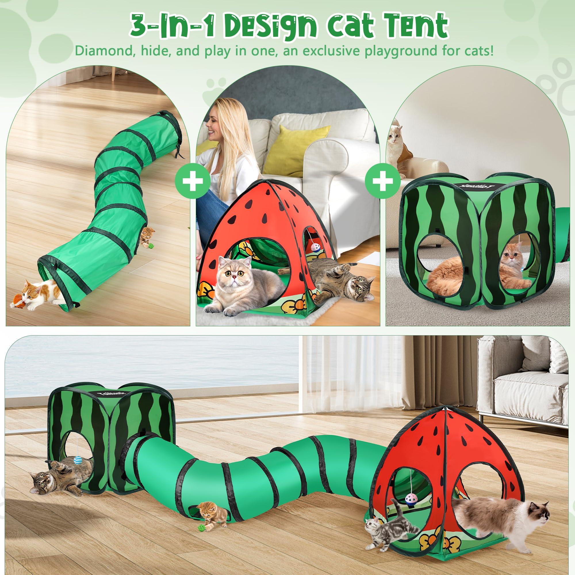 TailTastic watermelon-tunnel-dangling-balls demonstrates crinkle toys energizing playtime