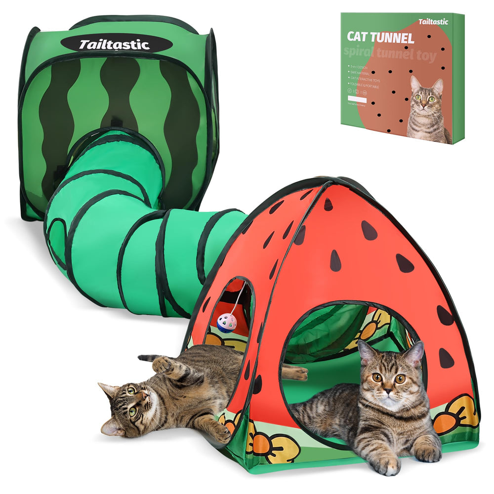 TailTastic watermelon-tunnel-setup shows 3way playground for active cats fostering hunting instincts