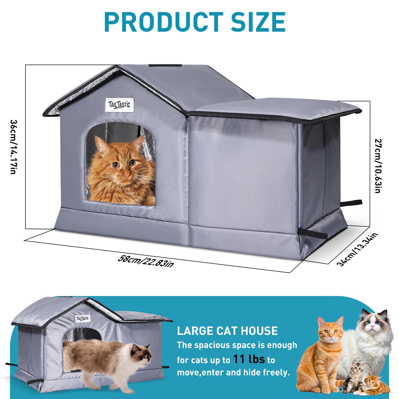 TailTastic Weatherproof Cat House dimensions show compact 22x13x14 inches for porch placement.