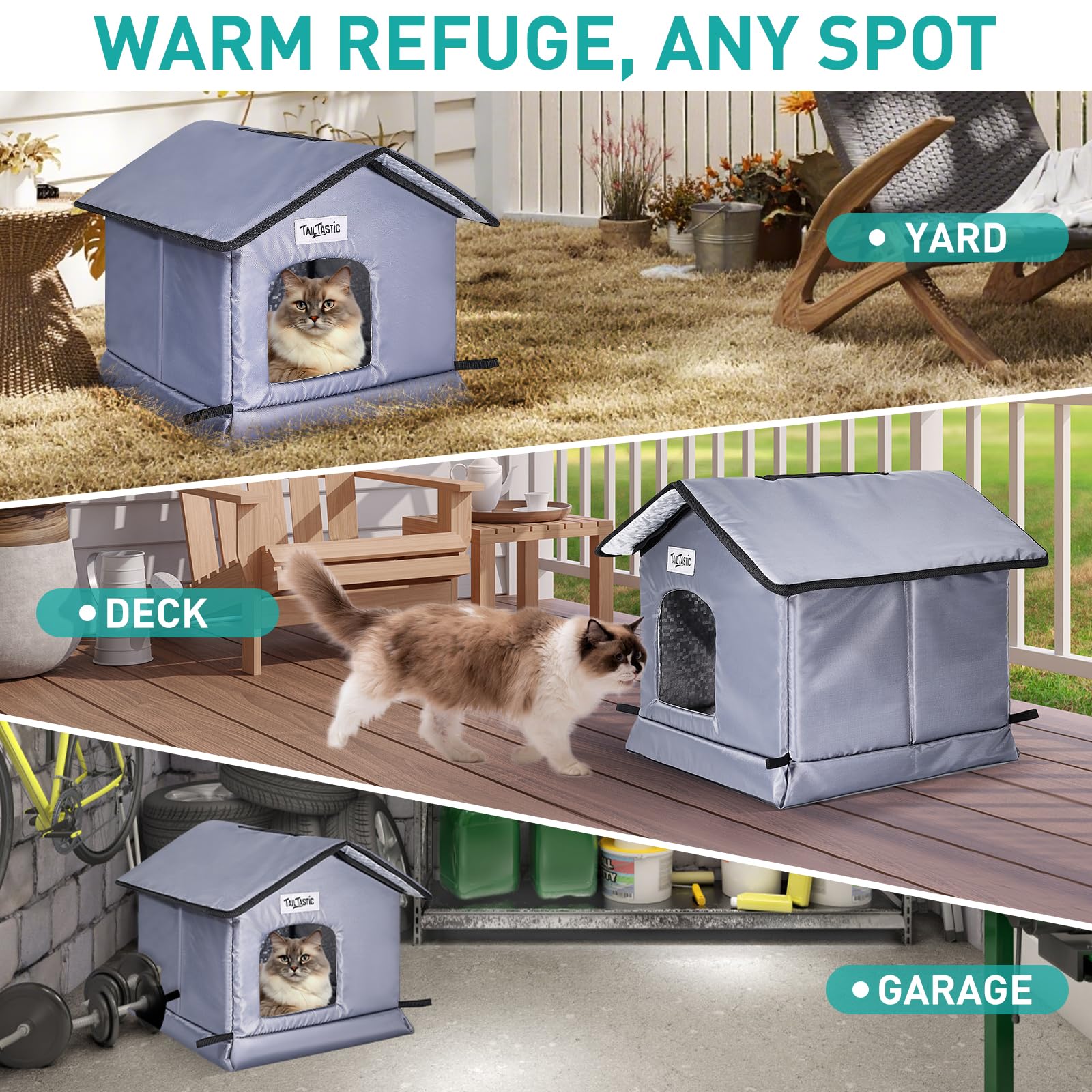TailTastic weatherproof cat house exterior view on a sheltered porch