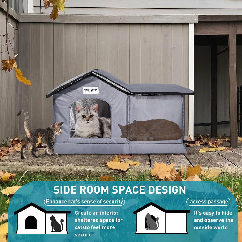TailTastic Weatherproof Cat House fabric highlights durable tent material for year-round use.