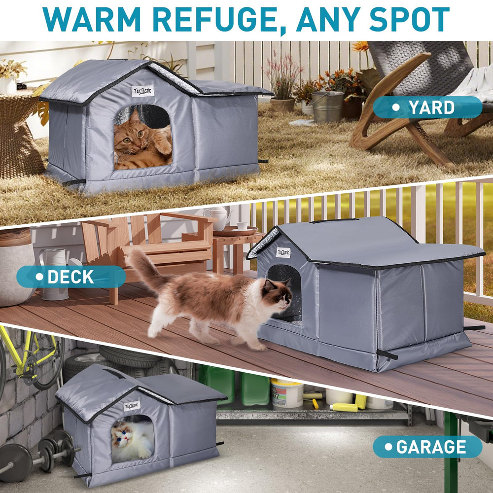 TailTastic Weatherproof Cat House porch placement keeps shelter ready on patios or garages.