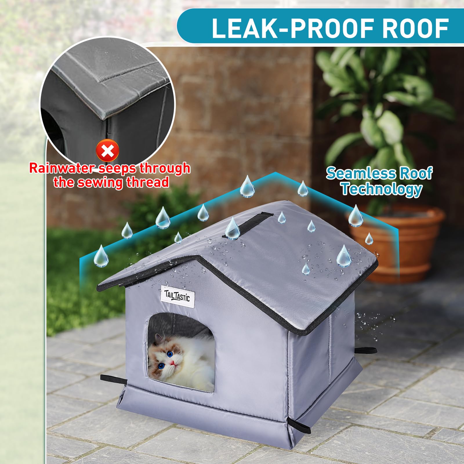 TailTastic weatherproof cat house raised base prevents water pooling on wet surfaces