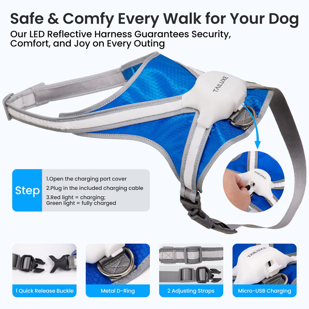 Tailuxe Light Up Dog Harness 3-second quick-wear buckle for easy on/off.