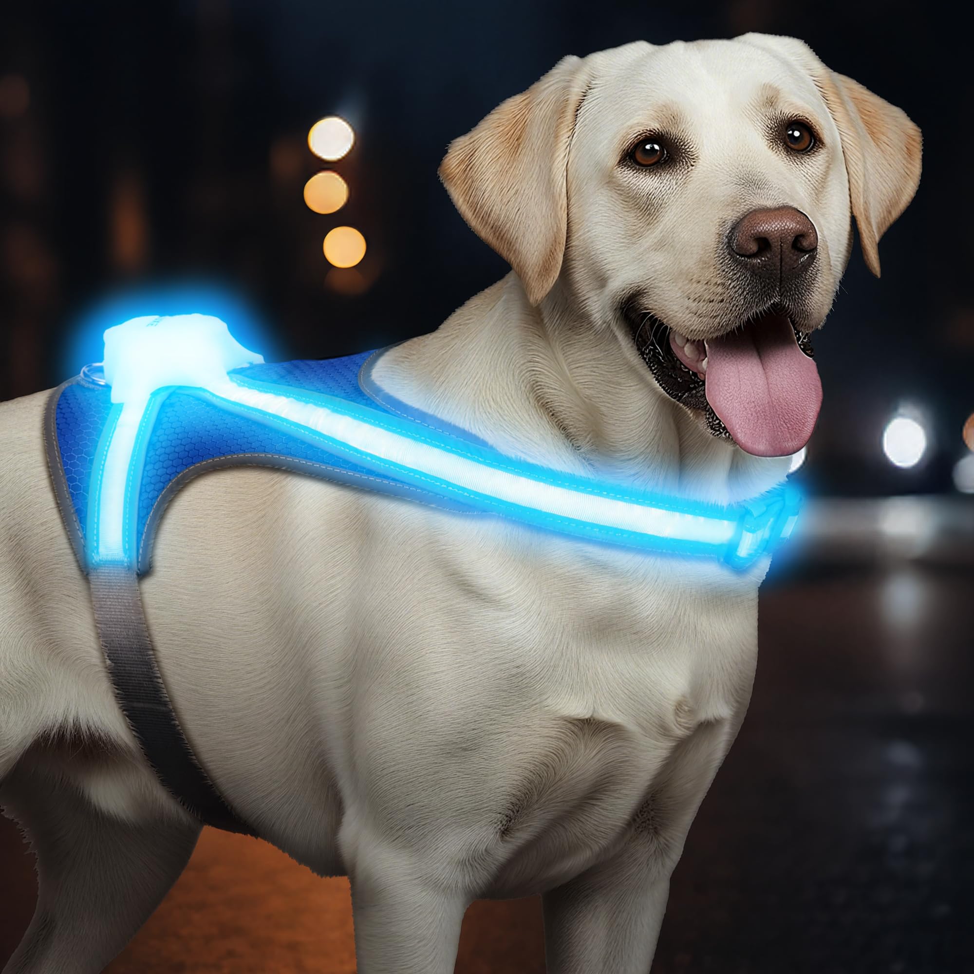 Tailuxe Light Up Dog Harness provides 360° visibility for safer night walks.