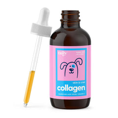 Taily collagen liquid bottle pour demonstrates easy dosing for skin and coat support.