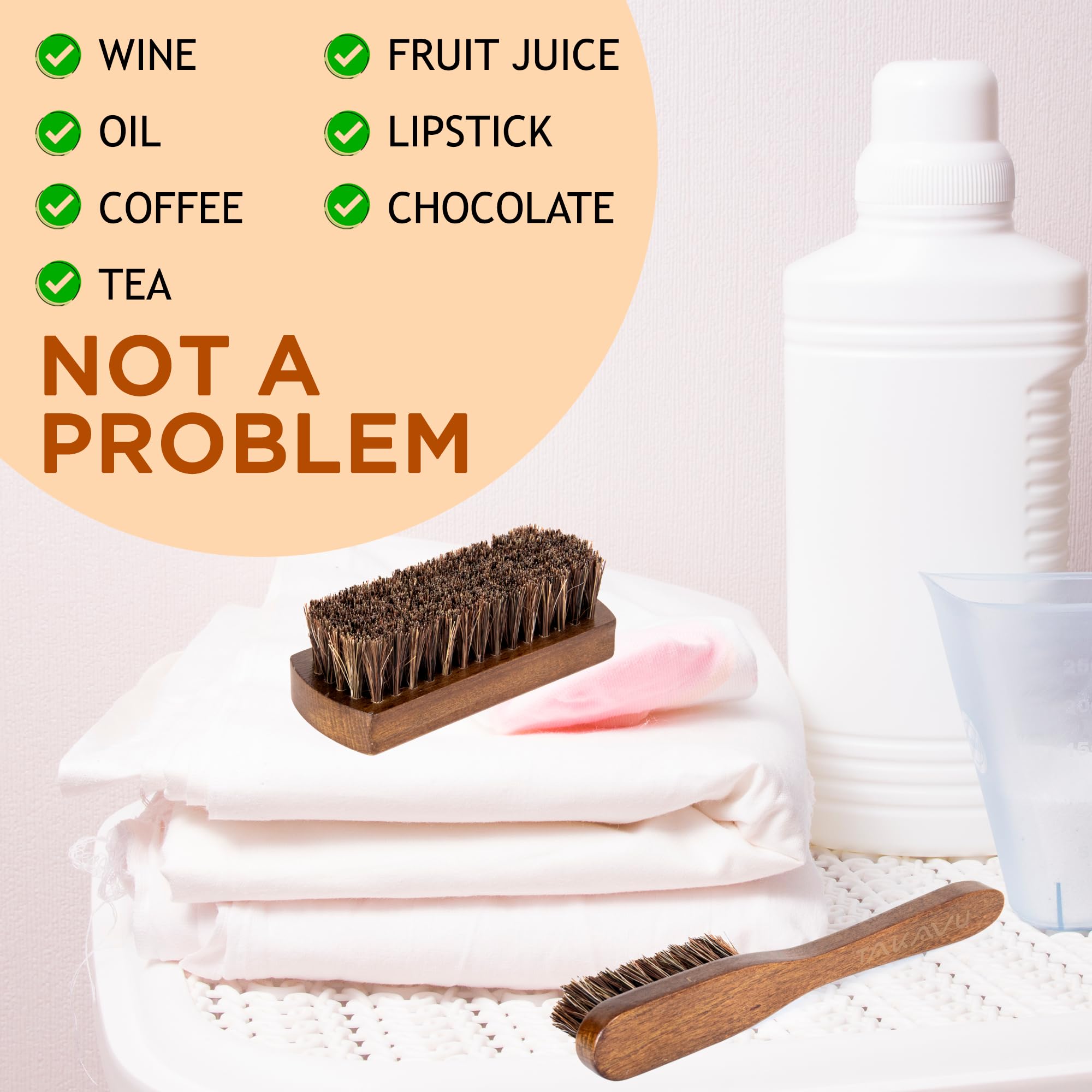 TAKAVU delicate-fabrics care closeup of brushes used on knits and cotton for gentle cleaning.