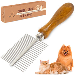 Takavu double-sided pet comb closeup with ergonomic wooden handle for gentle detangling