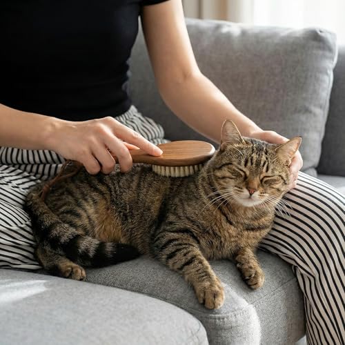 TAKAVU brush in action during a grooming scene for coat health and shine