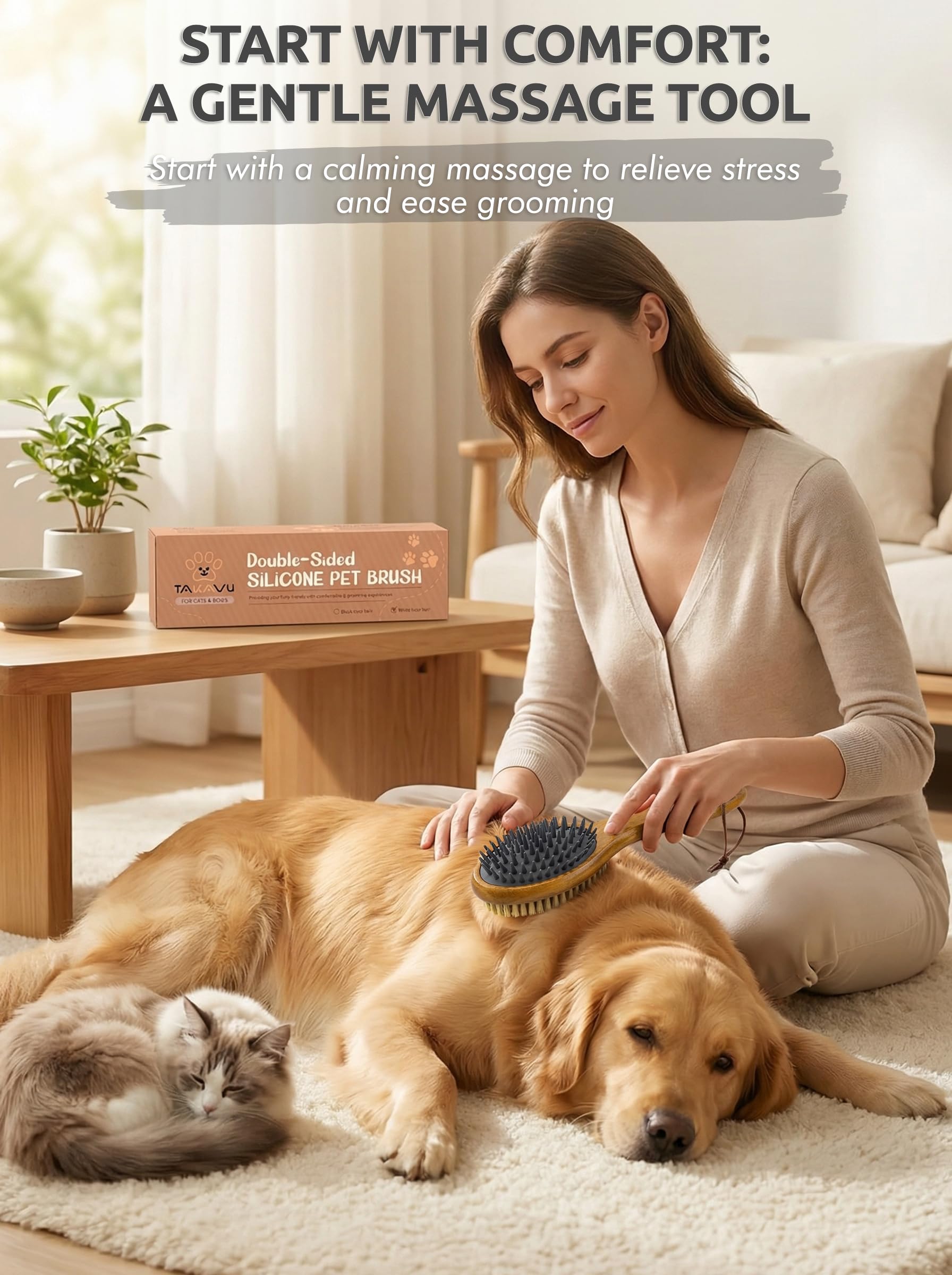 TAKAVU deshedding brush close-up on dematting bristles.