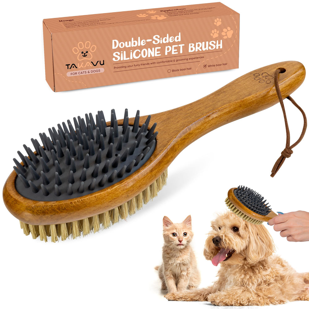TAKAVU short-hair deshedding brush front view with wood handle for daily grooming.