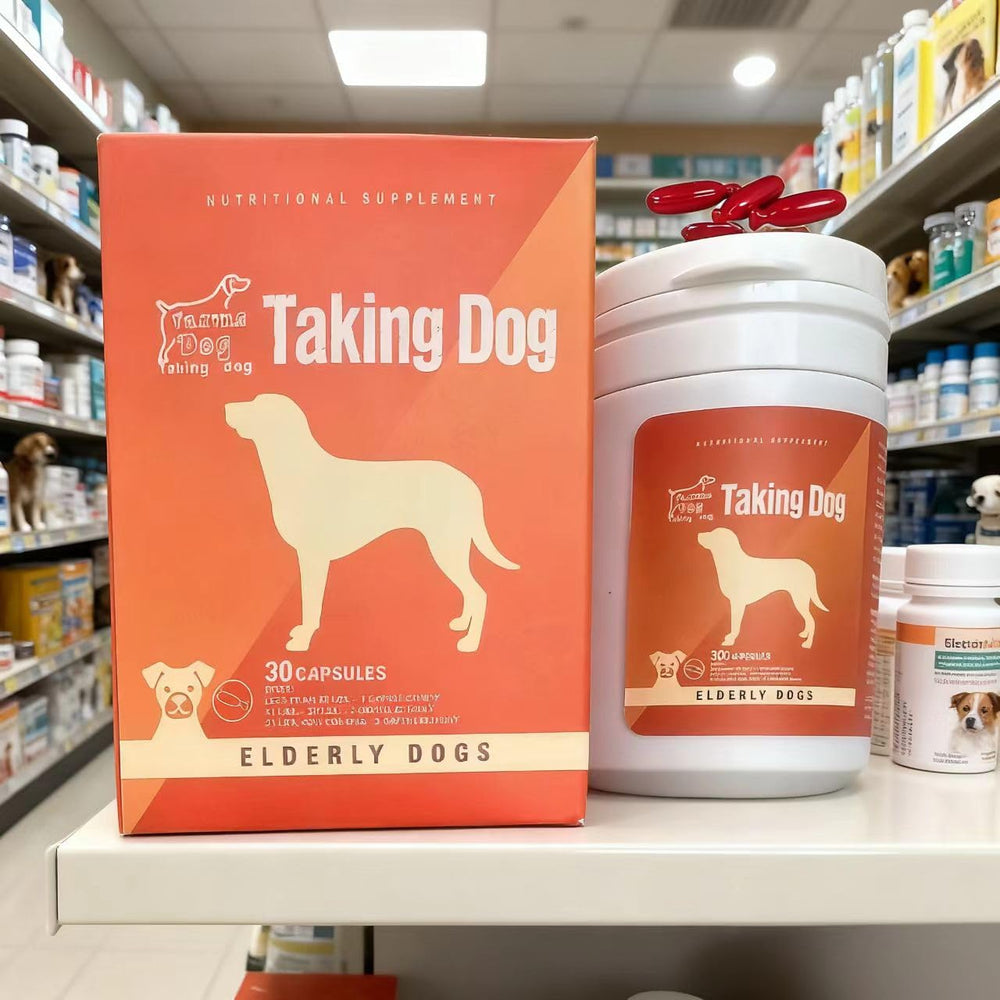 Taking Dog brain-function bottle on kitchen counter highlights home supplement routine.