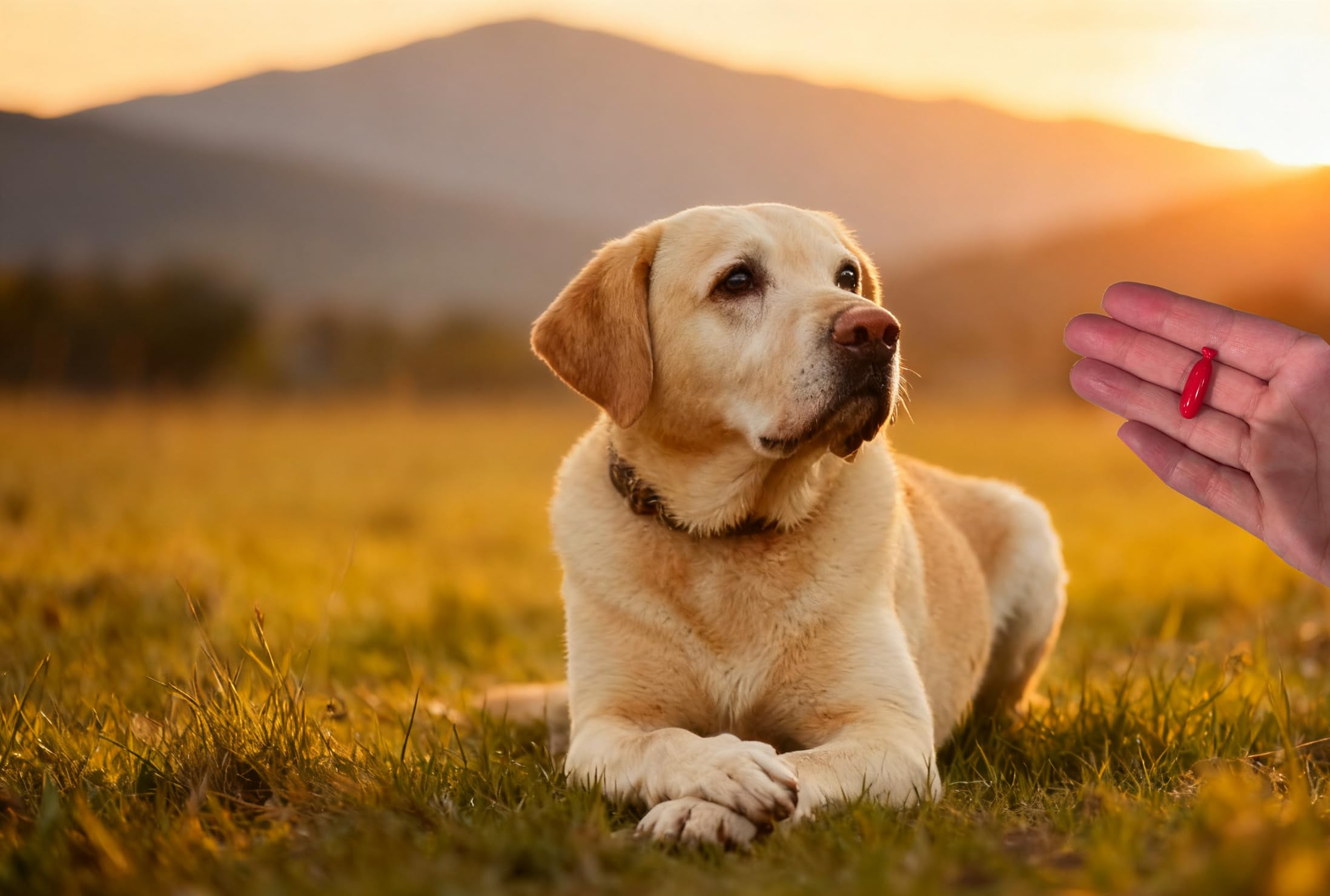 Taking Dog brain-function older dog resting calmly after supportive supplementation.