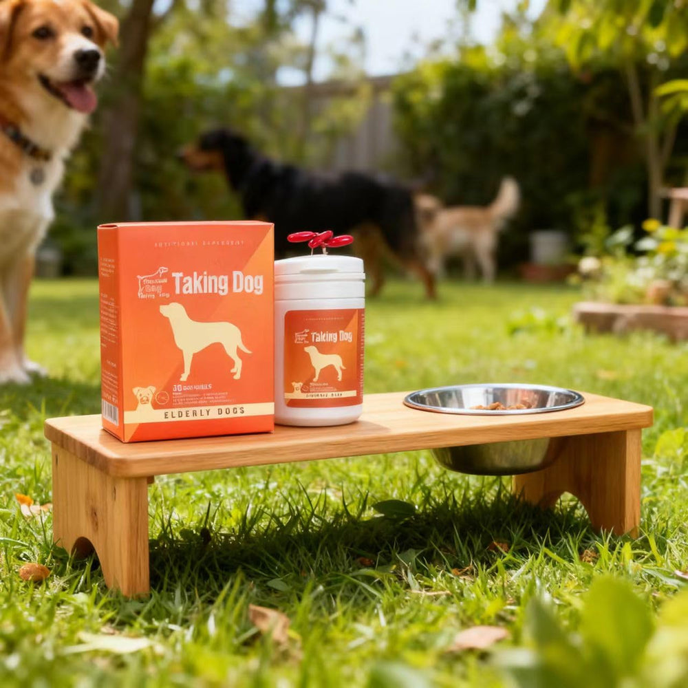 Taking Dog brain-function packaging label close-up details dosage and safety.