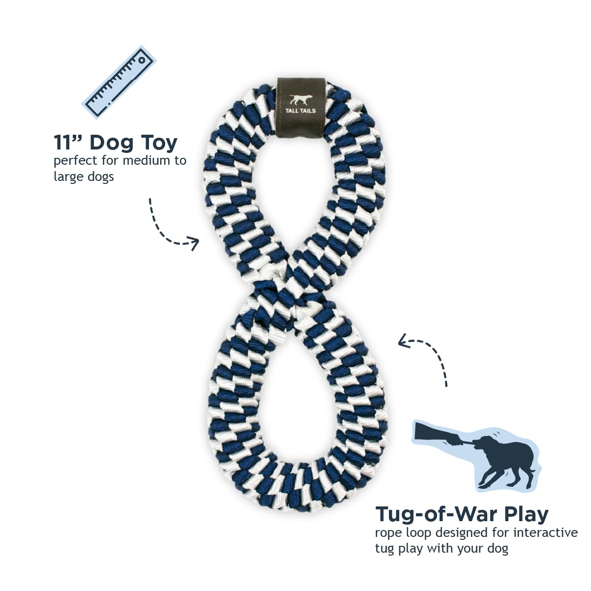 Dog playing tug with Tall Tails navy infinity toy during outdoor fetch