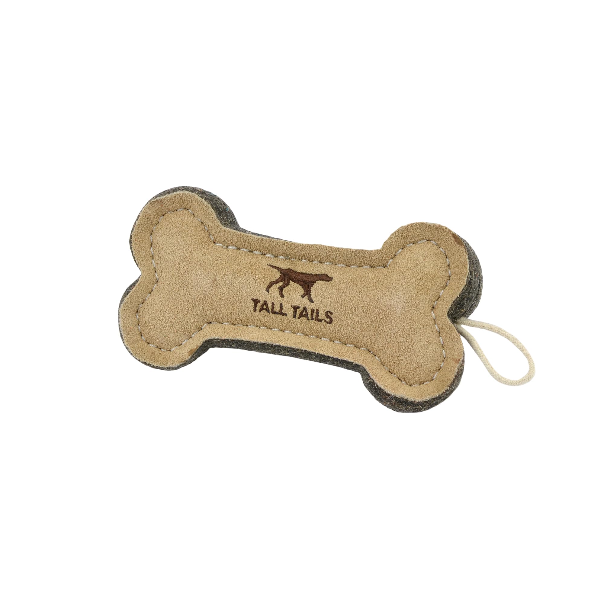 Tall Tails leather bone fetch toy 6-inch in hand for quick fetch.