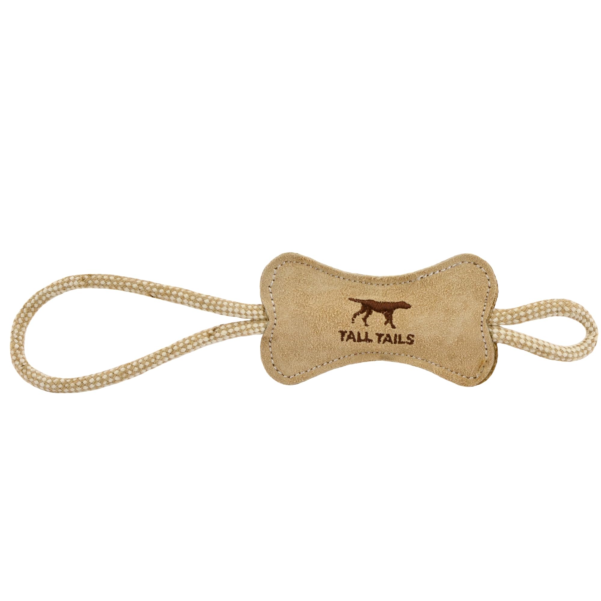 Tall Tails Leather Bone Rope Tug 12in close-up, durable buffalo-hide for interactive play.
