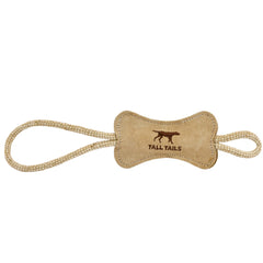 Tall Tails Leather Bone Rope Tug 12in close-up, durable buffalo-hide for interactive play.