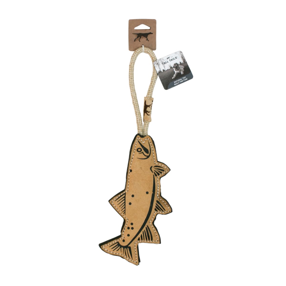 Tall Tails Trout Tug Toy displays sturdy buffalo hide and stitching detail.