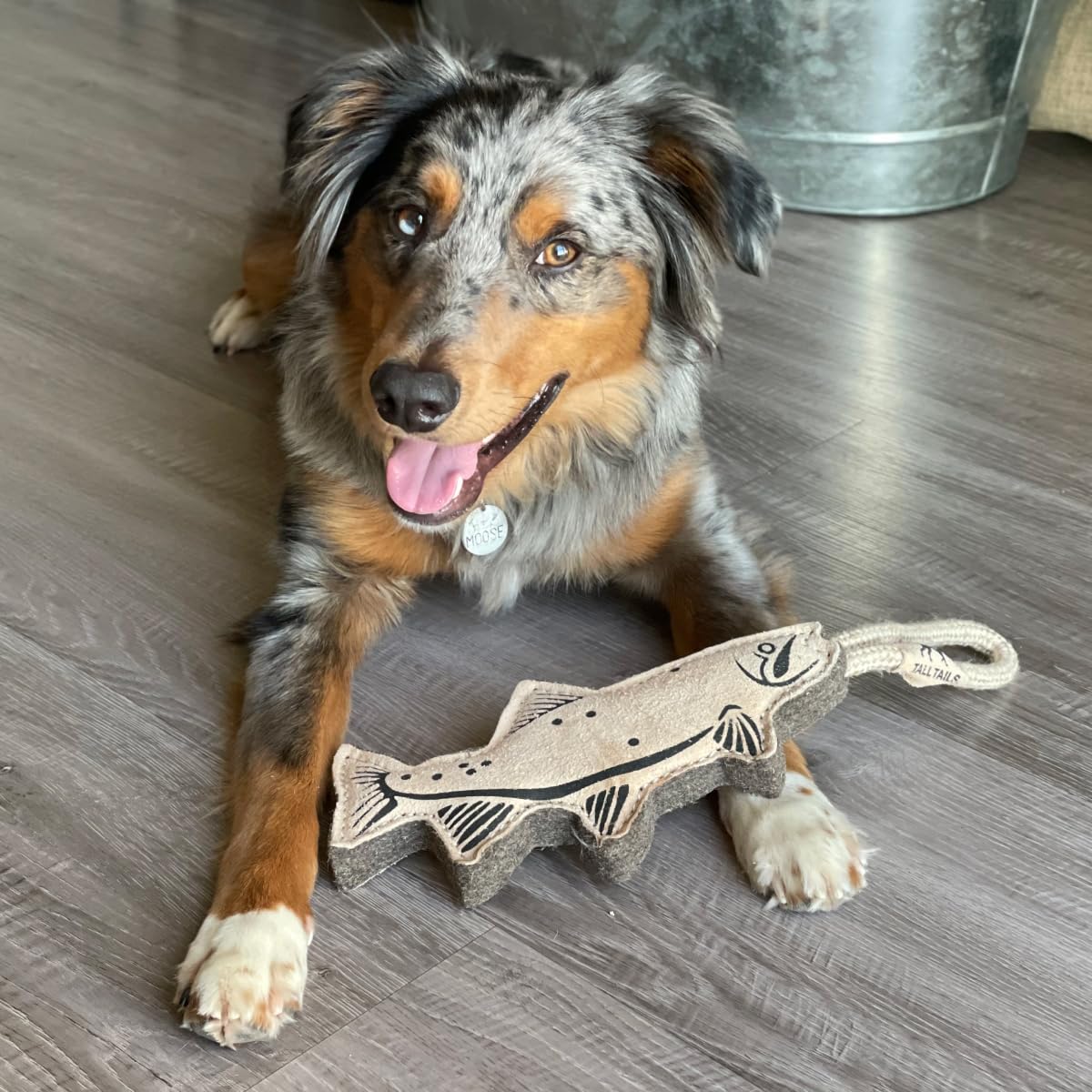 Tall Tails Trout Tug Toy laid flat for easy pickup and carry.