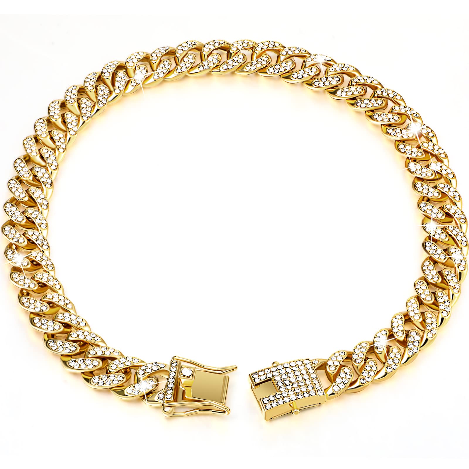 Tallew Gold Dog Chain Collar closeup shows zirconia sparkle for stylish daily wear.