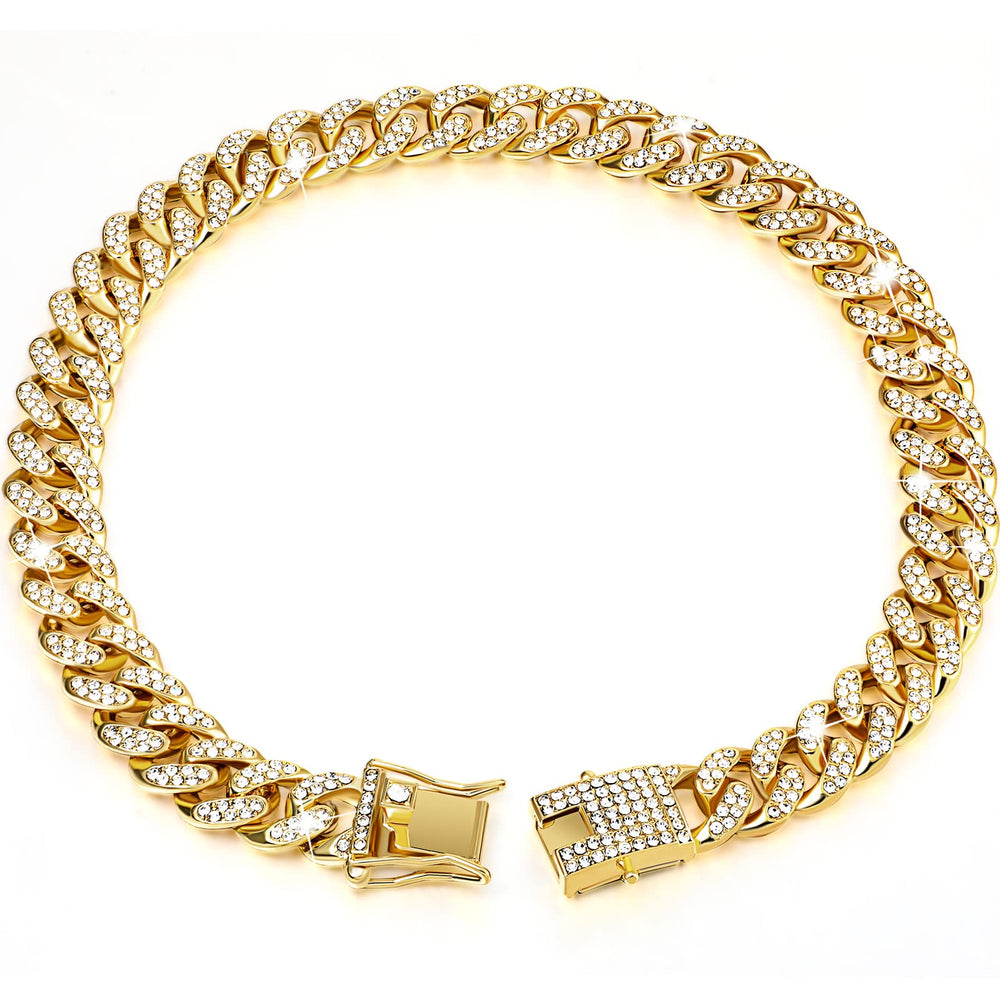 Tallew Gold Dog Chain Collar closeup shows zirconia sparkle for stylish daily wear.