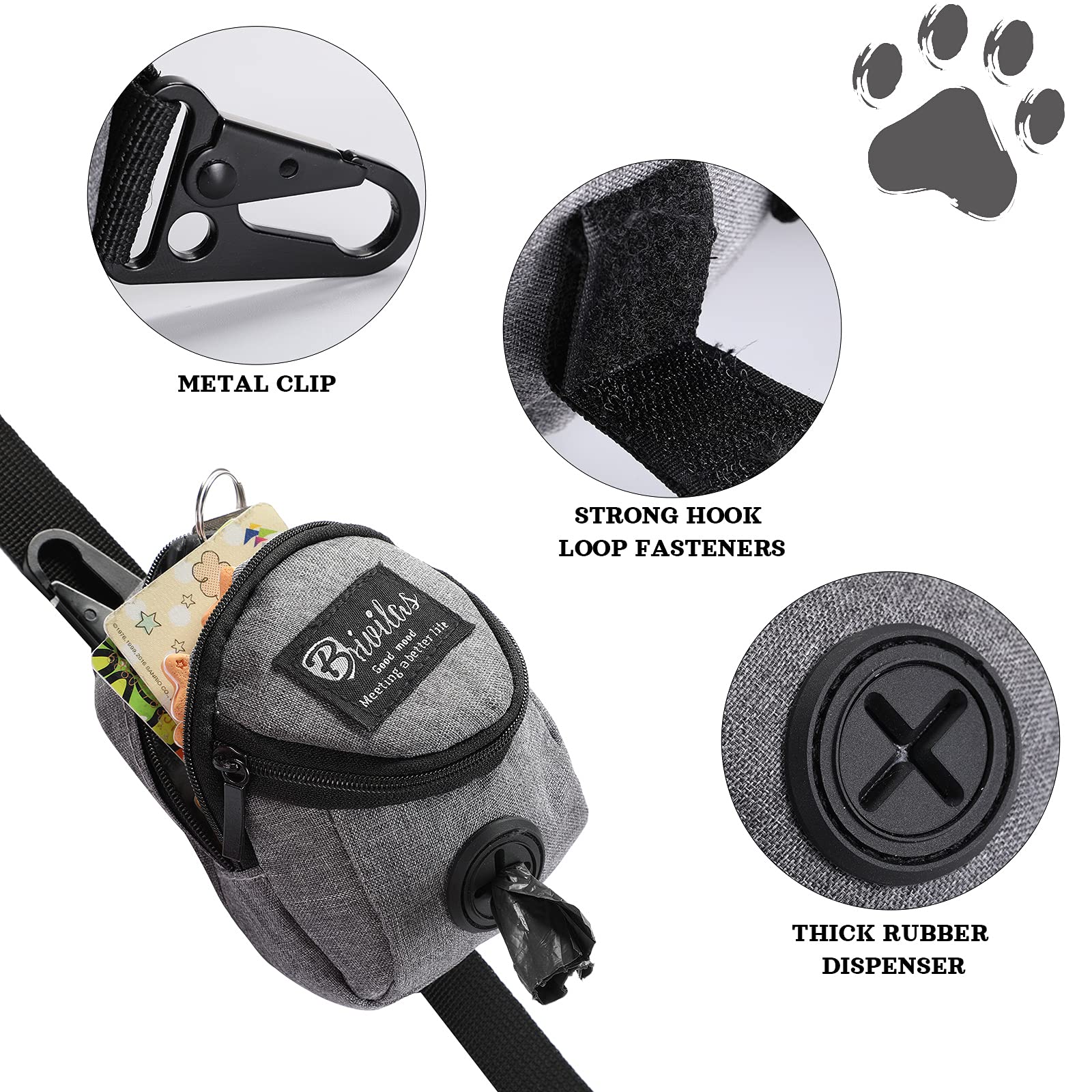 Talltalk waste bag holder clip-on strap demonstrates hands-free cleanup.