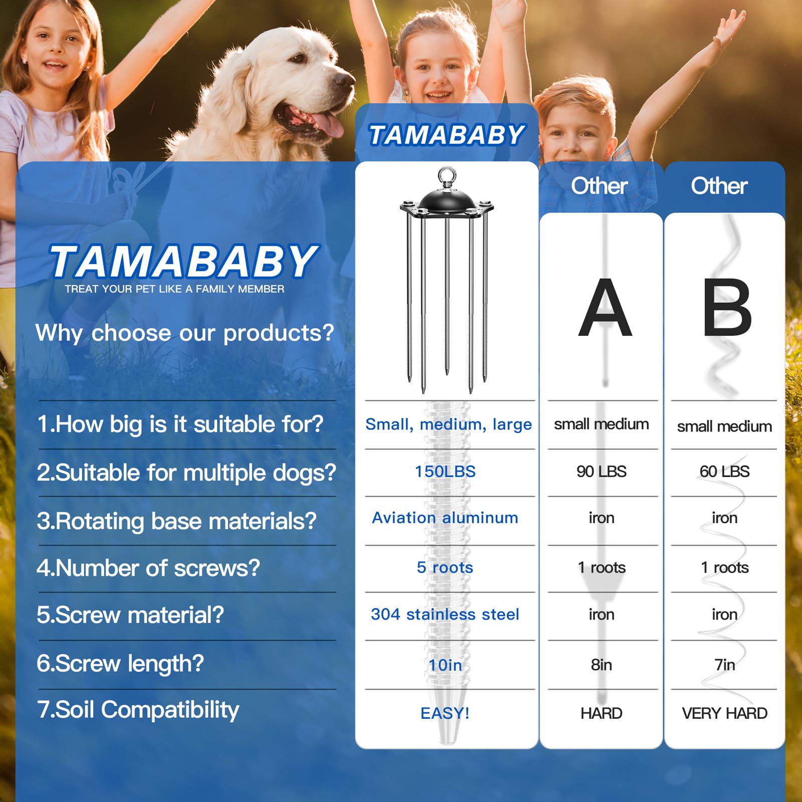 TAMABABY heavy-duty stake uses aluminum alloy and stainless steel for durability.