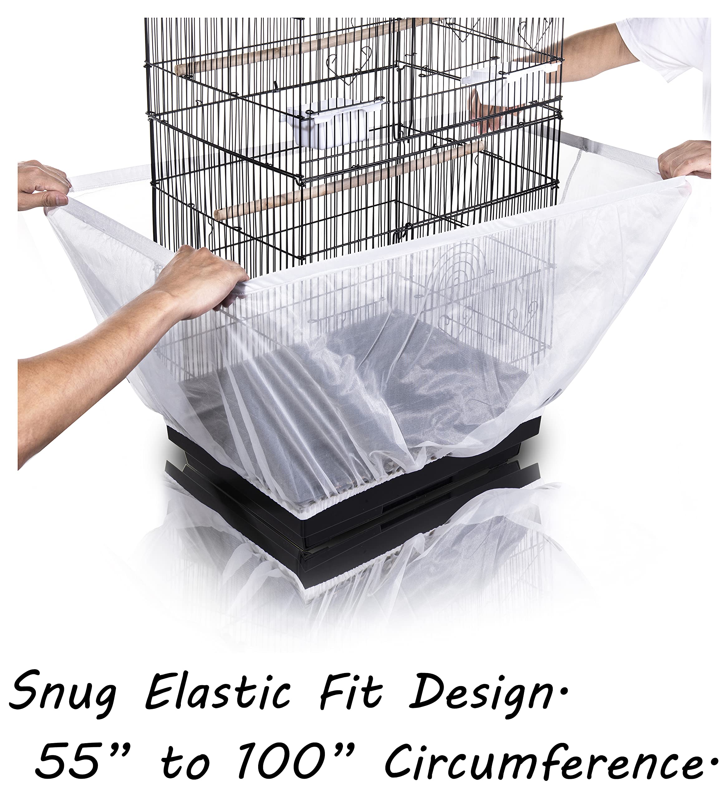 Tamu style black cage skirt reduces mess while remaining unobtrusive on the cage