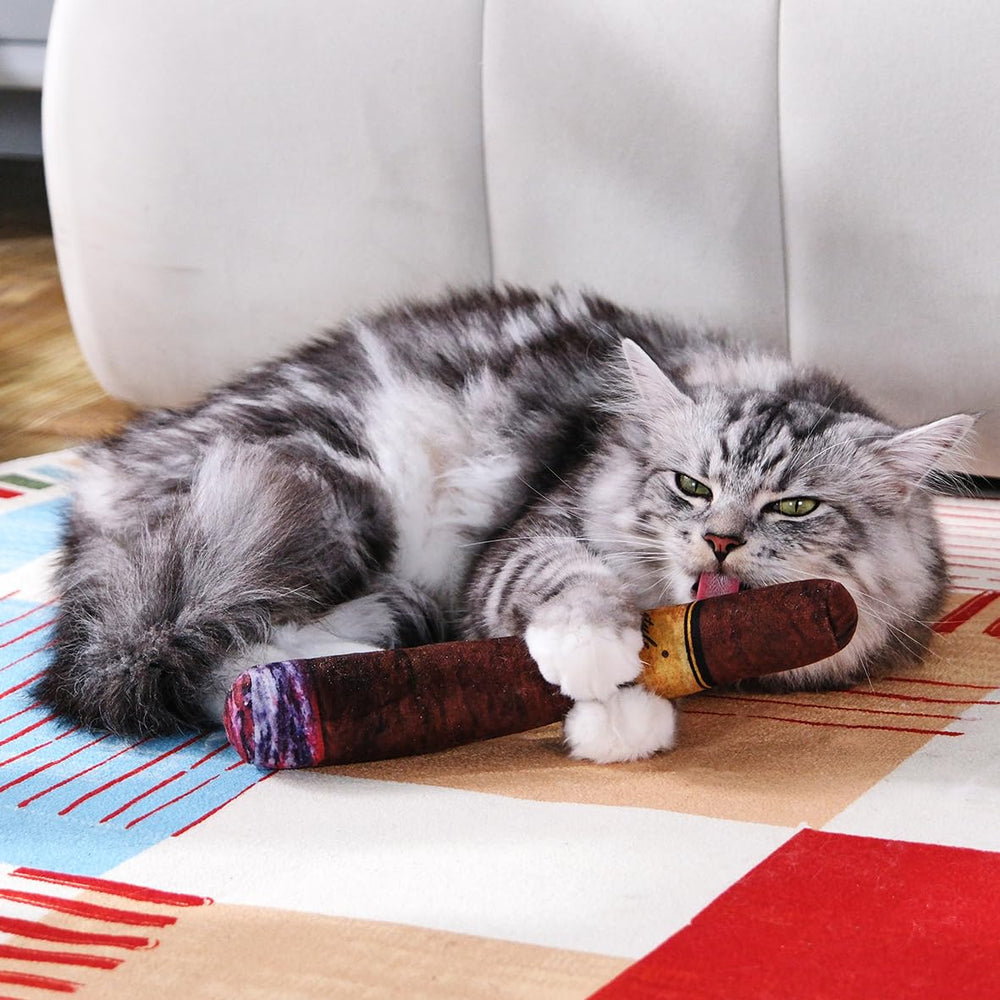 Tamu style catnip toy in cozy indoor setting supports solo play
