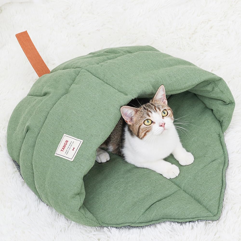 TANGN cat sleeping bag green cover shows cozy hideaway for cats and small dogs.