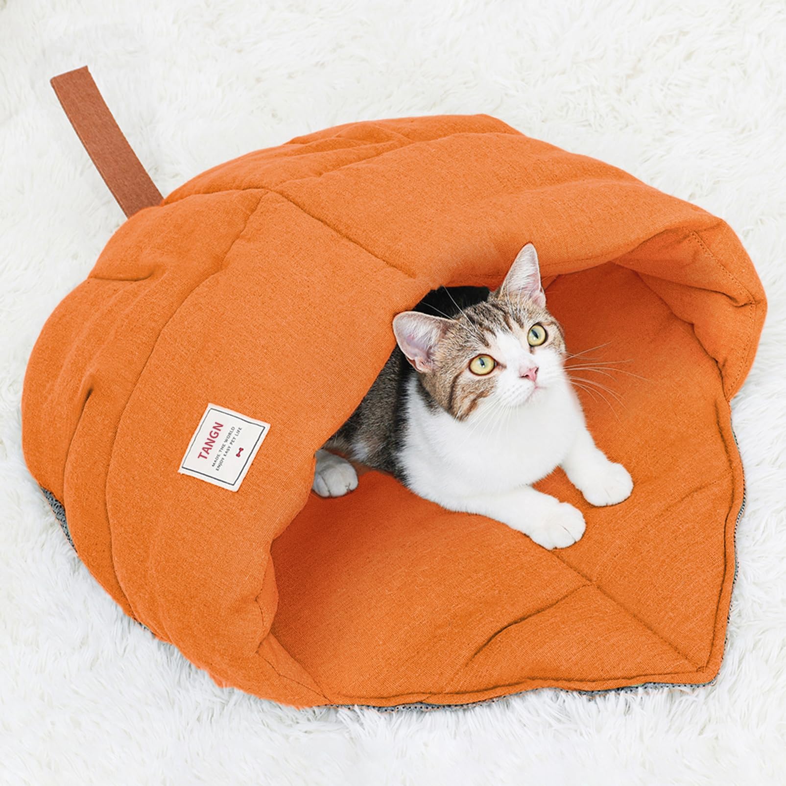 TANGN orange maple leaf cat bed nest in linen fabric creates a cozy nap zone.