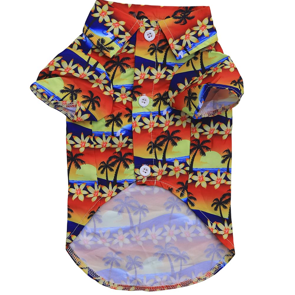 Tangpan dog shirt summer camp Hawaiian print side view showcases vibrant color options for sunny adventures.