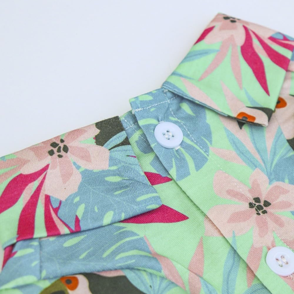 Tangpan Stipes tropical print dog shirt side view shows relaxed polo silhouette