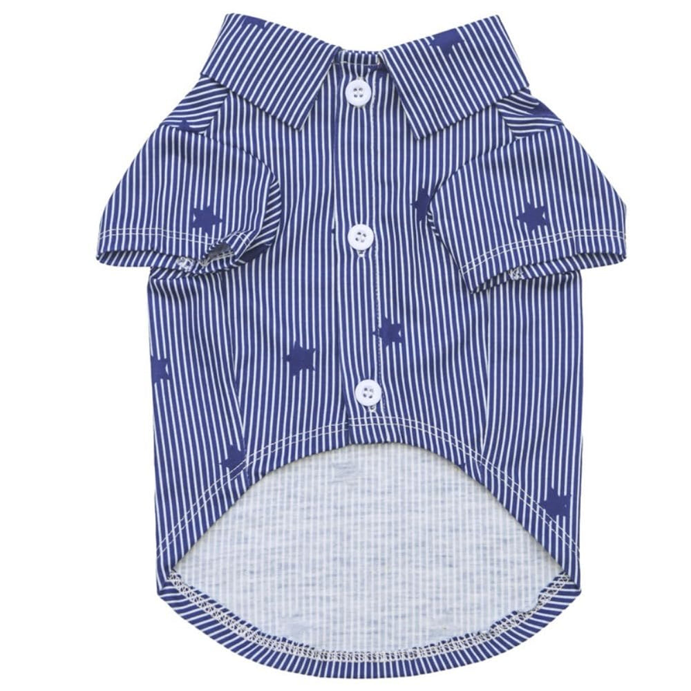 Tangpan Stipes tropical dog shirt side view, breathable cotton-poly blend.