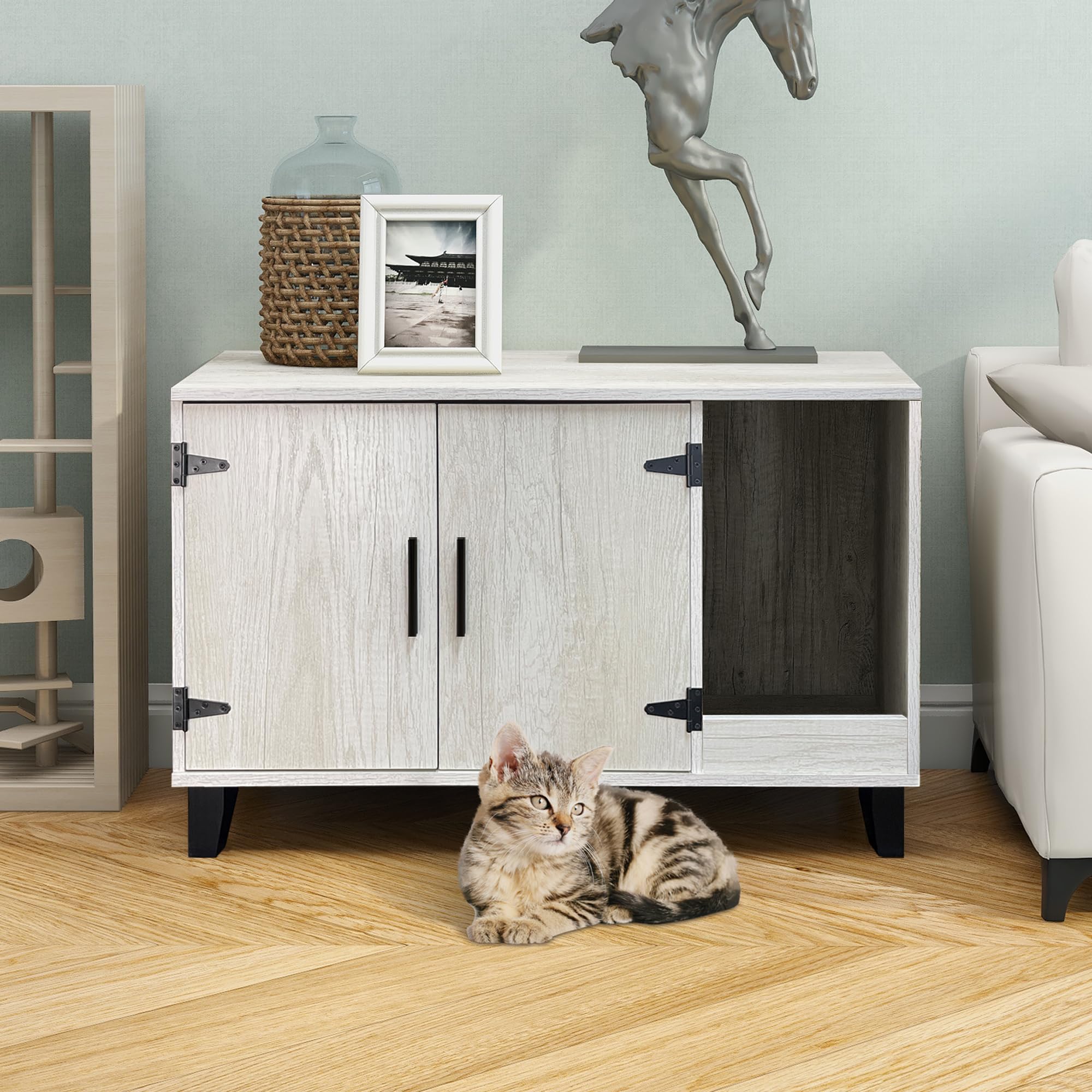 TaoHFE litter box enclosure side view shows sturdy pine cabinet with hidden litter access for tidy spaces.